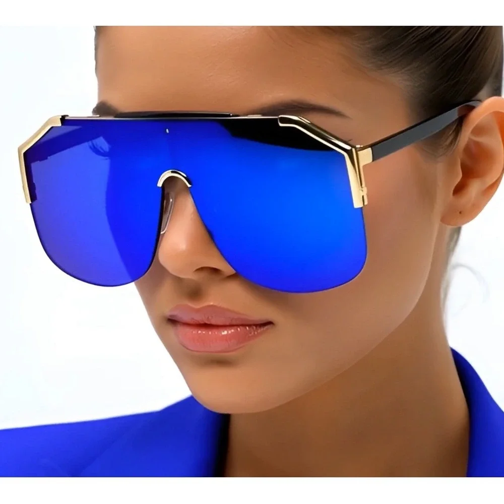 Sunglasses Gold Trim Blue Mirror Lenses Women Style Female‎ Party Shades Large